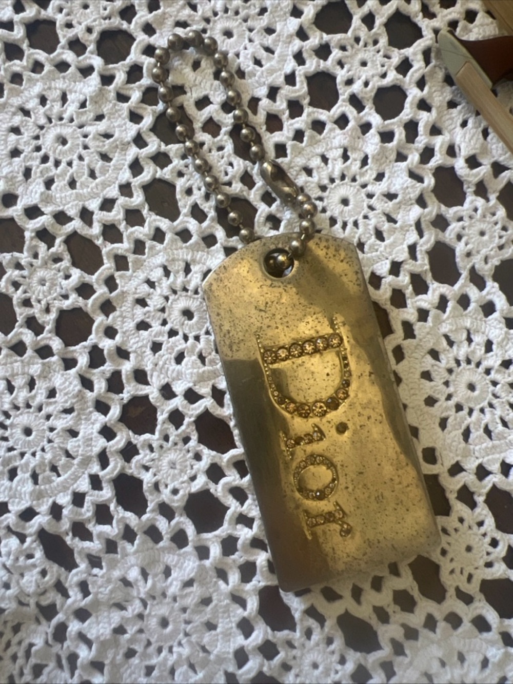 Gold-tone Vtg Dior Dog Tag Pendant 2 compact lipsticks